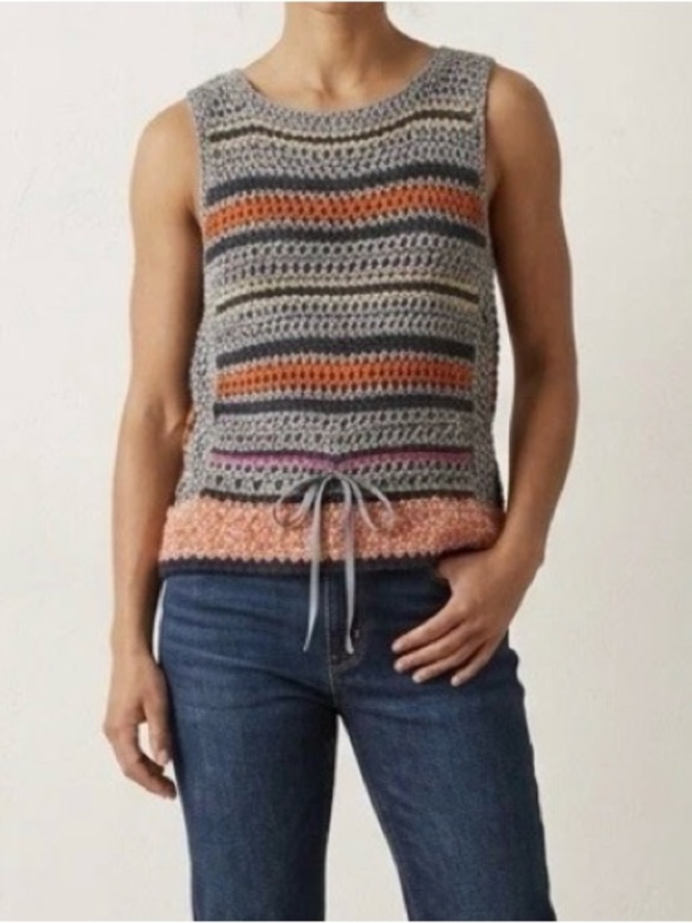 Free People Gray Crochet Tank with Orange & Pink Stripes